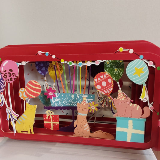 Message in a Bottle 3d pop up greeting card. Cats and balloons party.