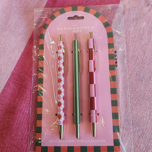 Set of 3 ballpoint pens. Stripe and check pinks and greens.