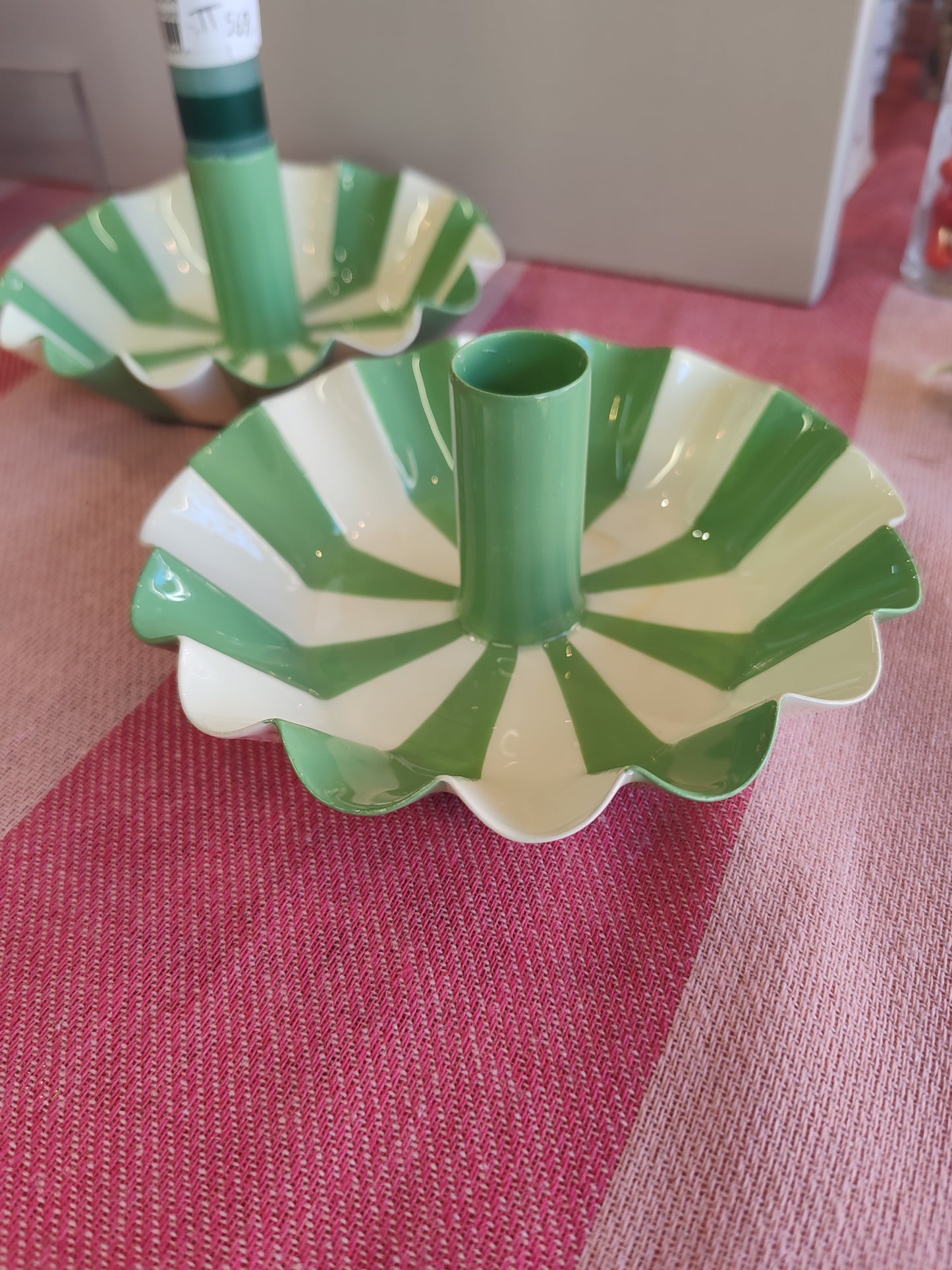 Green and cream stripe Enamel candle holders.