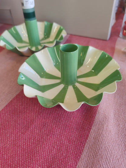 Green and cream stripe Enamel candle holders.