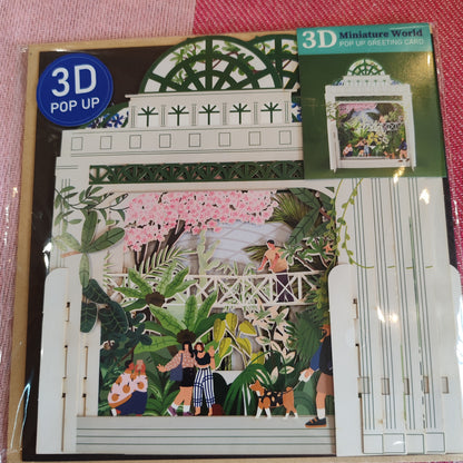 Miniature world Greeting card. 3d Pop up Botanical garden