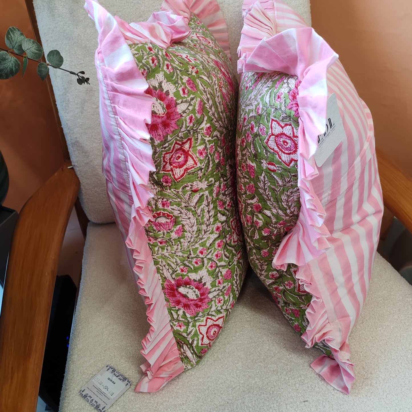 Large Pink / green floral quilted cushion with pink striped frill