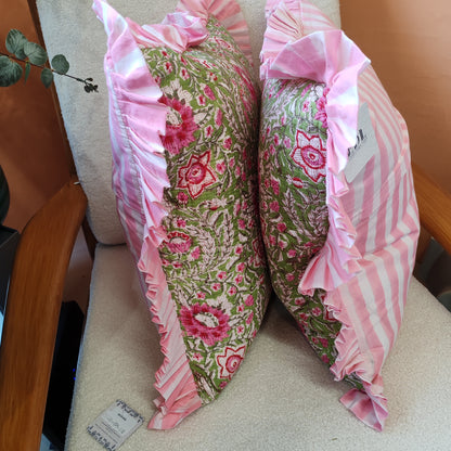 Large Pink / green floral quilted cushion with pink striped frill