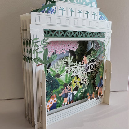 Miniature world Greeting card. 3d Pop up Botanical garden