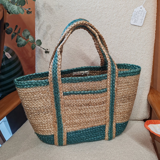 Aqua Jute pocket tote bag large