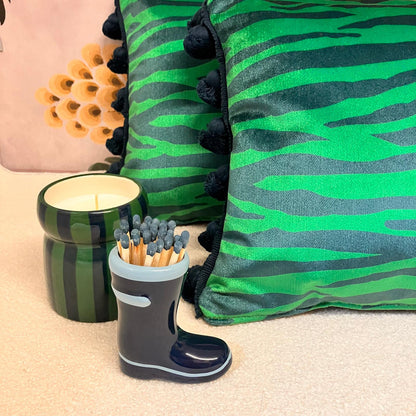 Becca Who Zebra Stripe Velvet Cushion – Blue & Green | Handmade British Illustration | Bates Upholstery