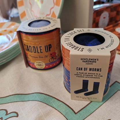 Fishing theme socks in a usable tin container.