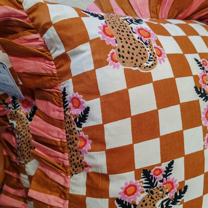 Leopard floral bronze / cream cushion with pink / bronze striped frill trim