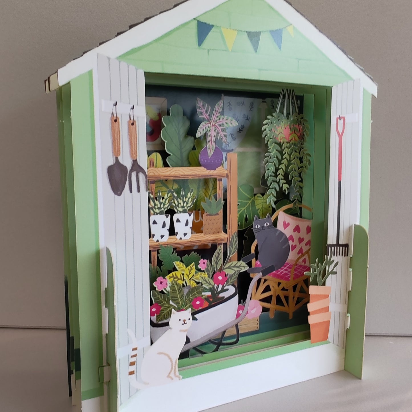 Miniature world Greeting card. Pop up Garden shed Theme