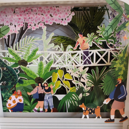Miniature world Greeting card. 3d Pop up Botanical garden