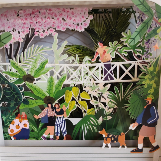 Miniature world Greeting card. 3d Pop up Botanical garden