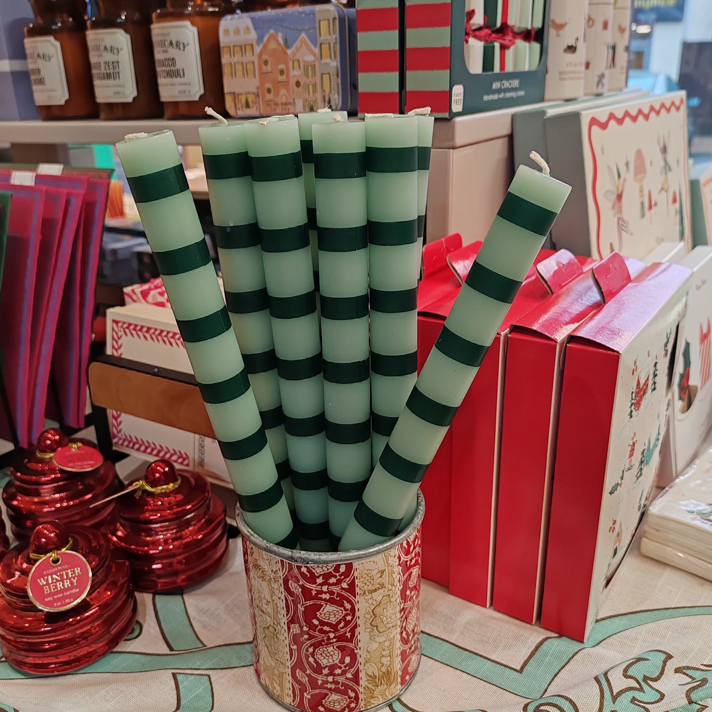 Green stripped dinner candle 28cm