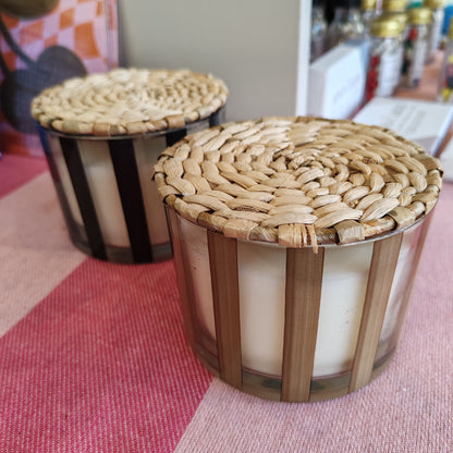 Al Fresco Taupe Striped Candle. 12oz. Scent of Cotton and Teak