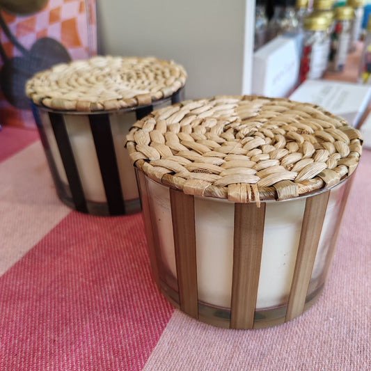 Al Fresco Taupe Striped Candle. 12oz. Scent of Cotton and Teak