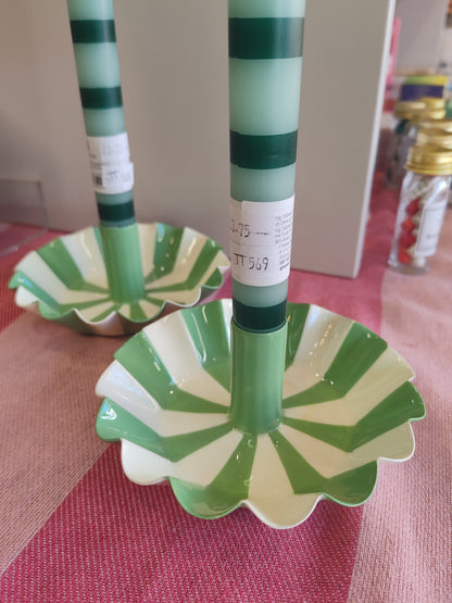Green and cream stripe Enamel candle holders.