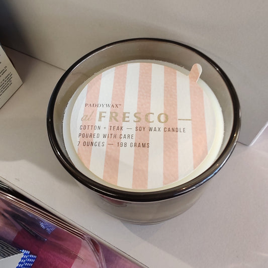 Al Fresco Soy Wax scented candle. 7oz. Scent of Cotton & Teak in Taupe glass jar.