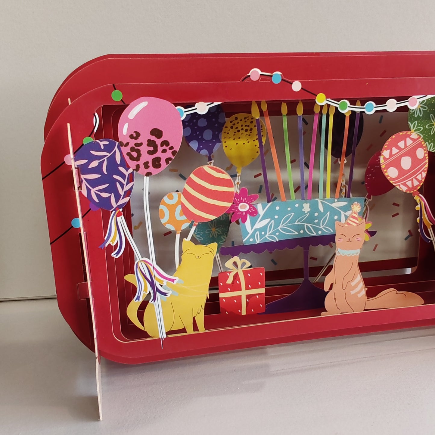 Message in a Bottle 3d pop up greeting card. Cats and balloons party.