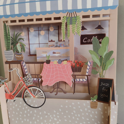 3D pop up Coffee shop greeting card.