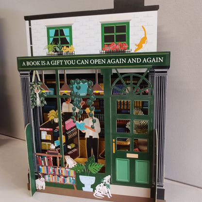 Miniature world Greeting card. 3d Pop up Bookshop