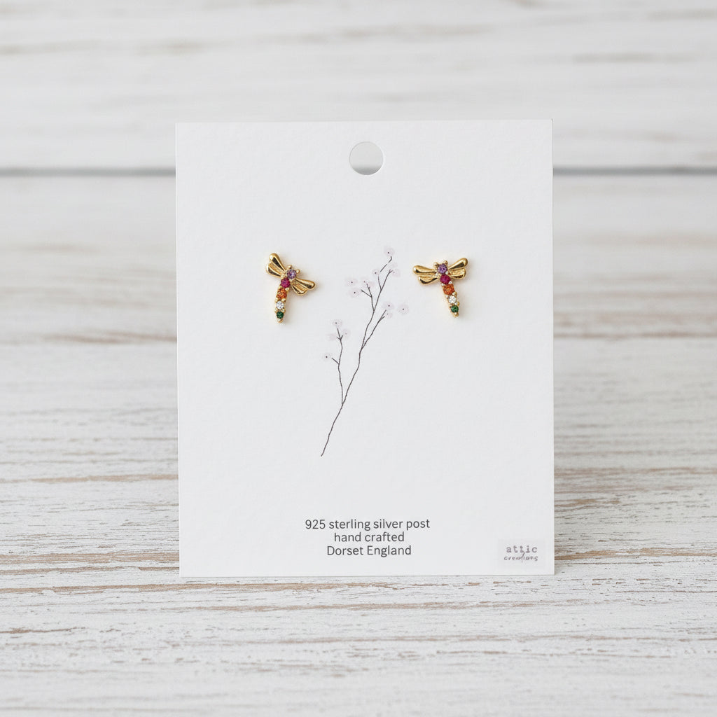 Colourful gem dragonfly earrings - gold