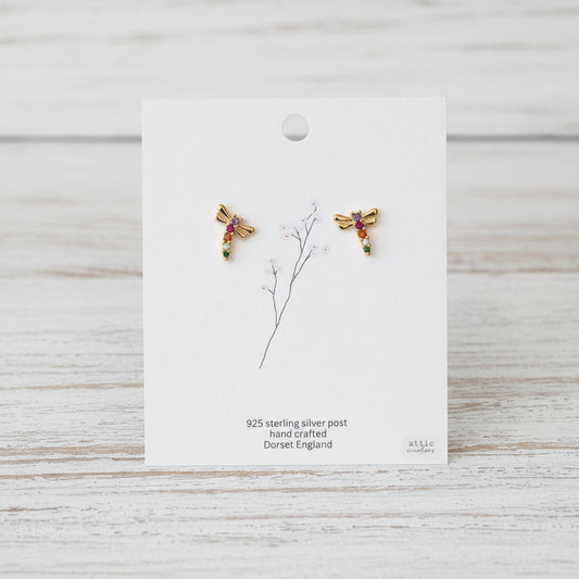 Colourful gem dragonfly earrings - gold