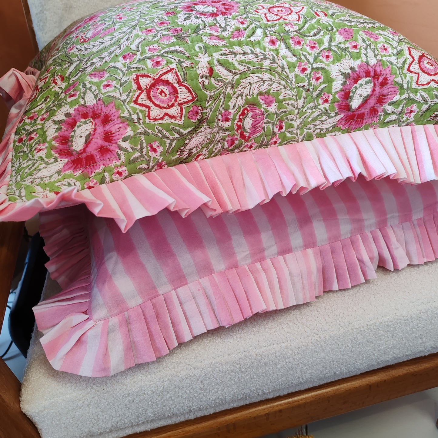 Large Pink / green floral quilted cushion with pink striped frill