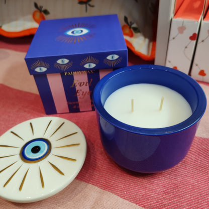 Evil eye scented candle in ceramic and glass repurposable pot