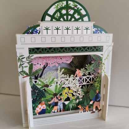 Miniature world Greeting card. 3d Pop up Botanical garden