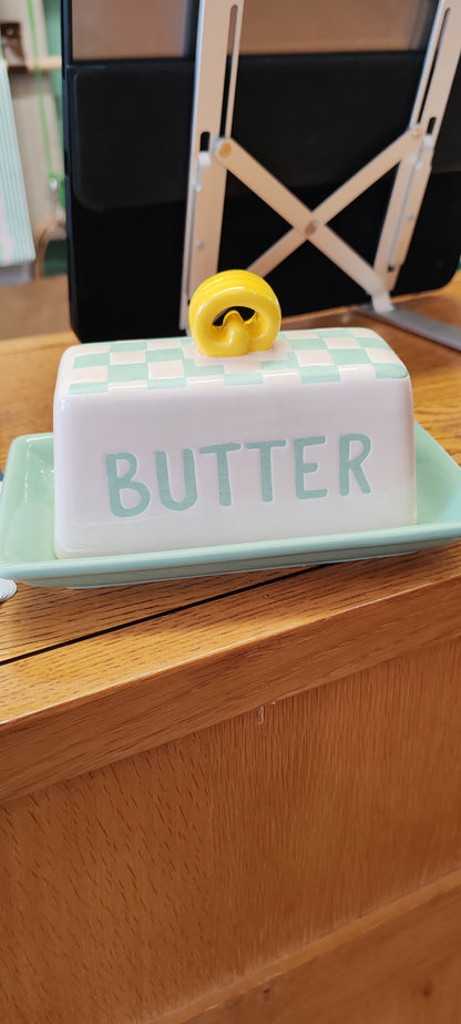 Bon Appetit Green and White check ceramic Butter Dish
