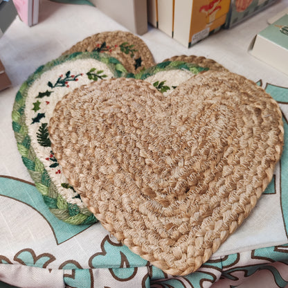 Plain natural jute heart coaster. 20cm x 15cm