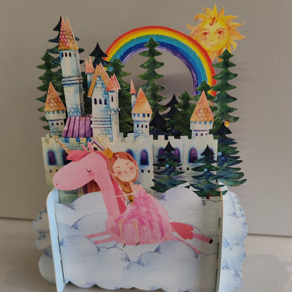 Miniature world 3D POP up greeting card. Princess rainbow theme.