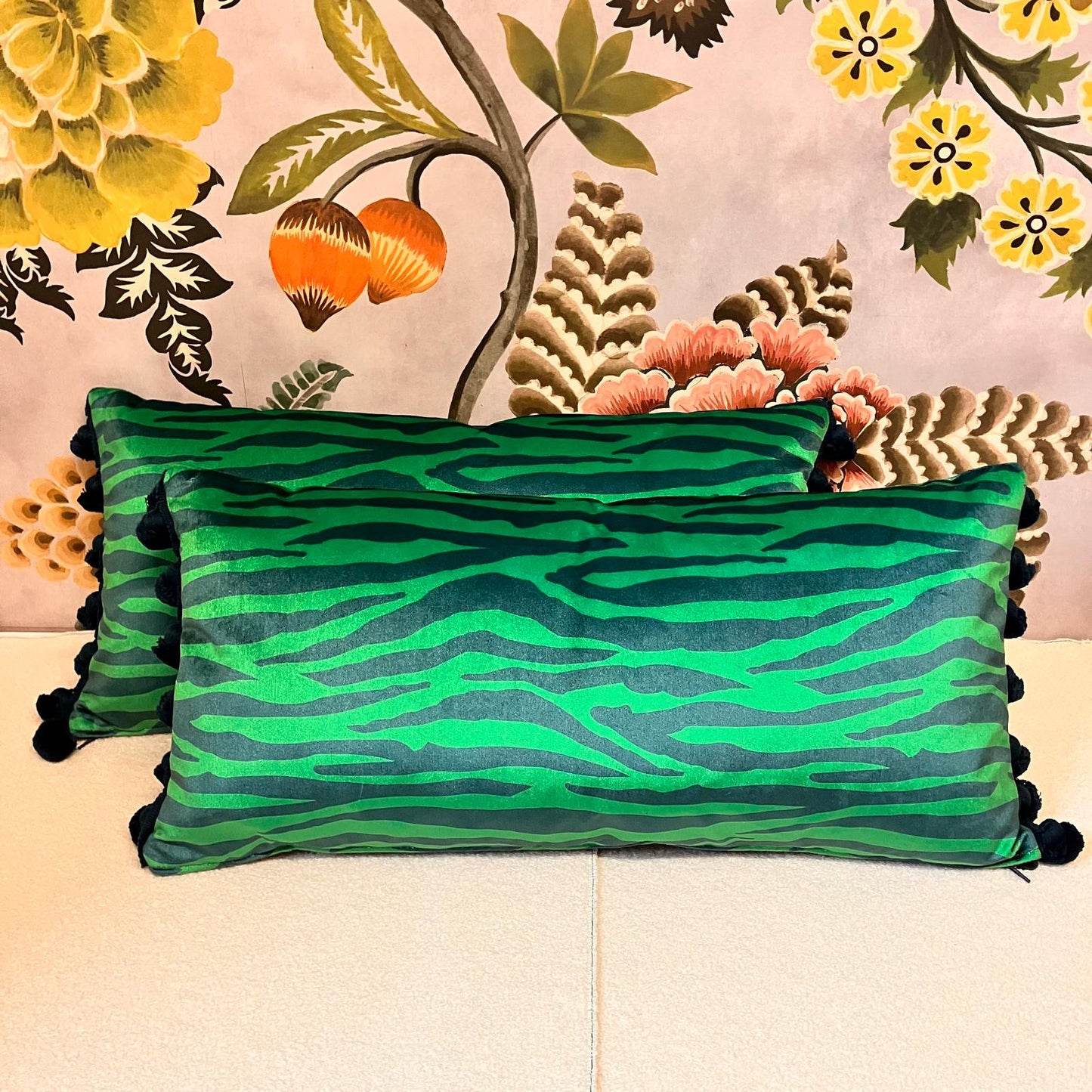 Becca Who Zebra Stripe Velvet Cushion – Blue & Green | Handmade British Illustration | Bates Upholstery