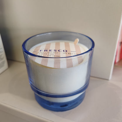 Al Fresco Soy Wax Candle in blue glass Jar. 7oz. Scent of Rosemary and Sea Salt