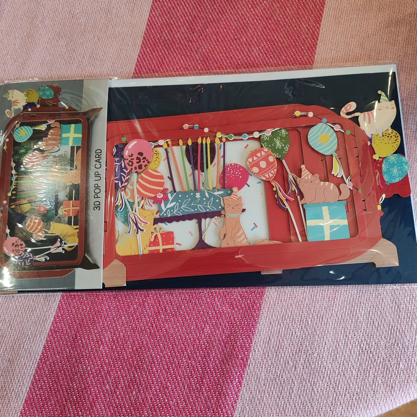 Message in a Bottle 3d pop up greeting card. Cats and balloons party.