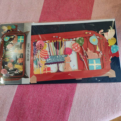 Message in a Bottle 3d pop up greeting card. Cats and balloons party.
