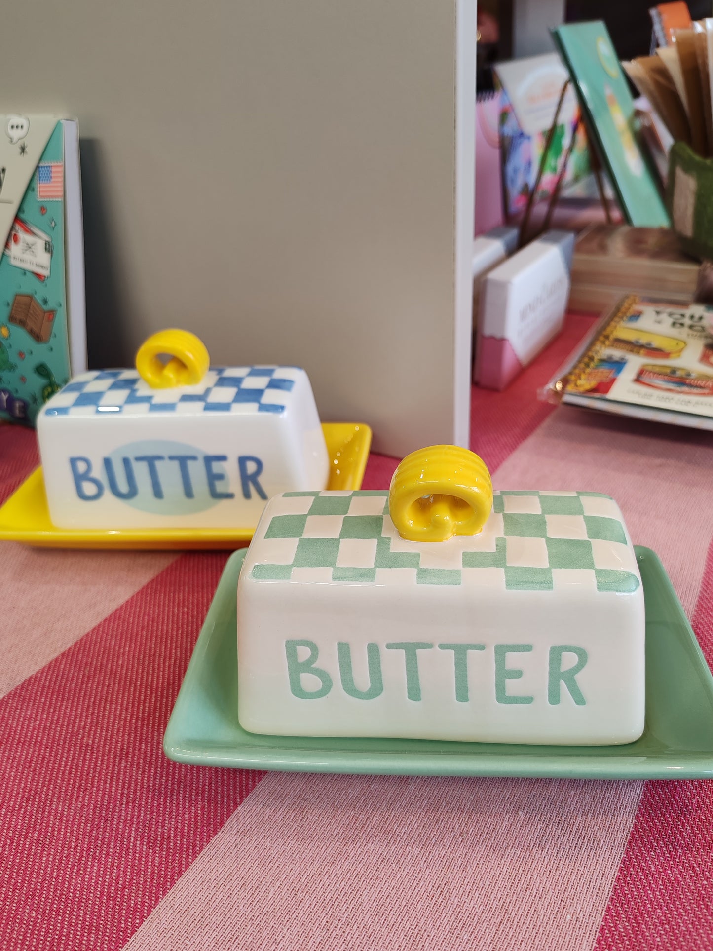 Bon Appetit Green and White check ceramic Butter Dish