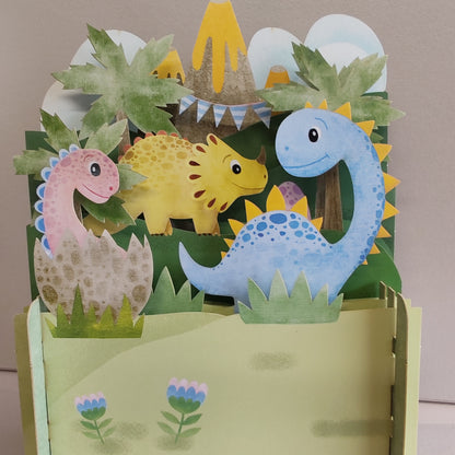 Miniature world 3D pop up greeting card. Dinosaur theme.