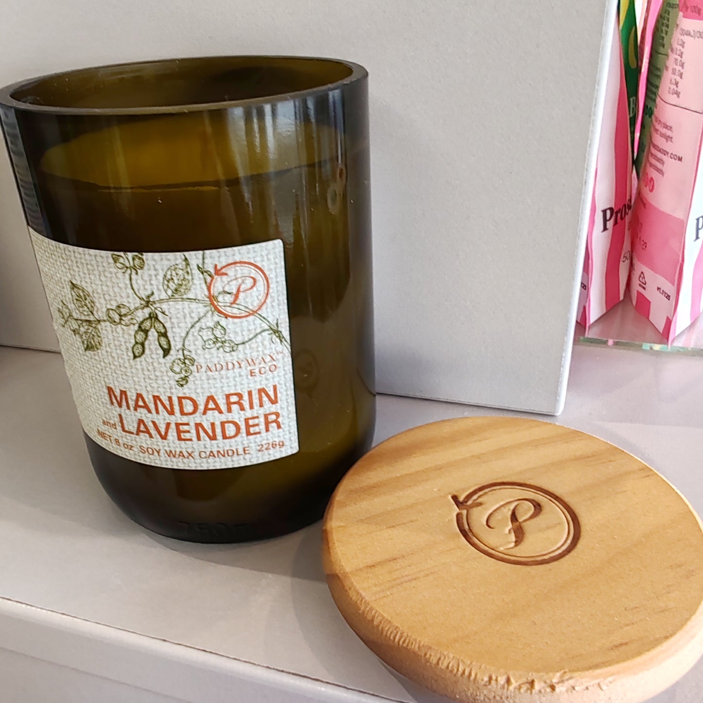 Eco Green recycled glass wine bottle soy wax candle. 8oz. Scent of Mandarin and Lavender