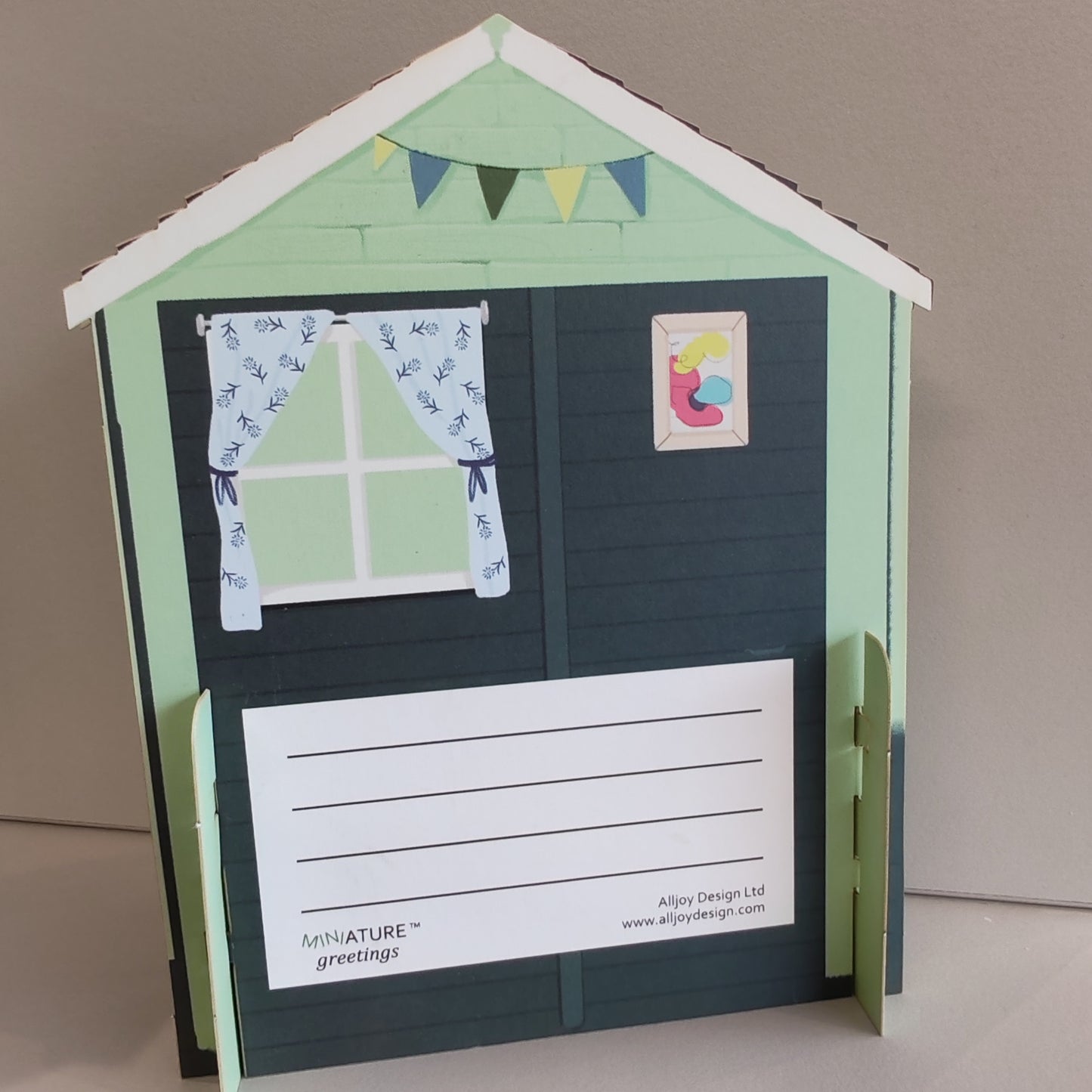 Miniature world Greeting card. Pop up Garden shed Theme