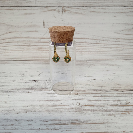 Green gem heart hanging hoop earrings