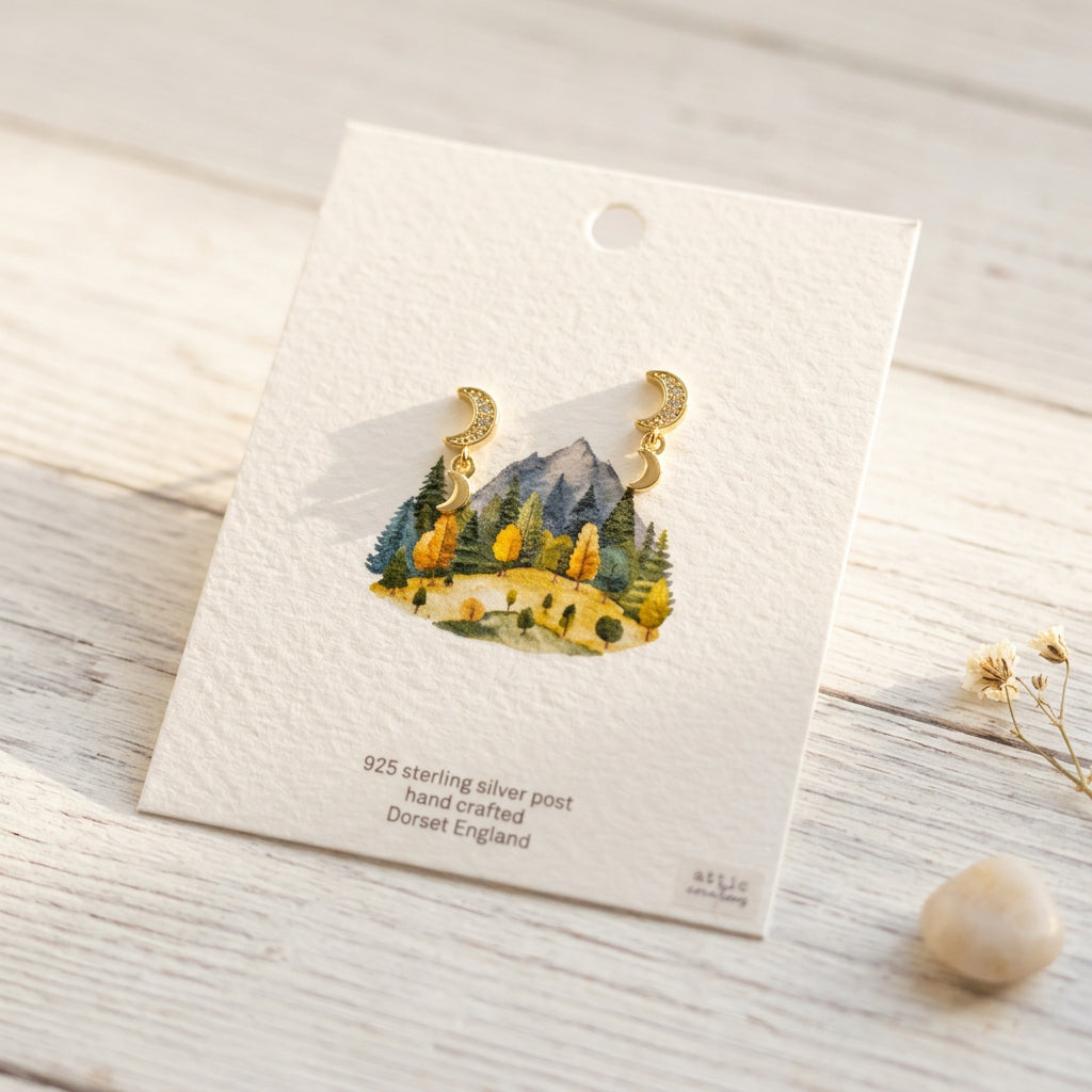 Crystal Inlaid Moon Hanging Earrings - Gold