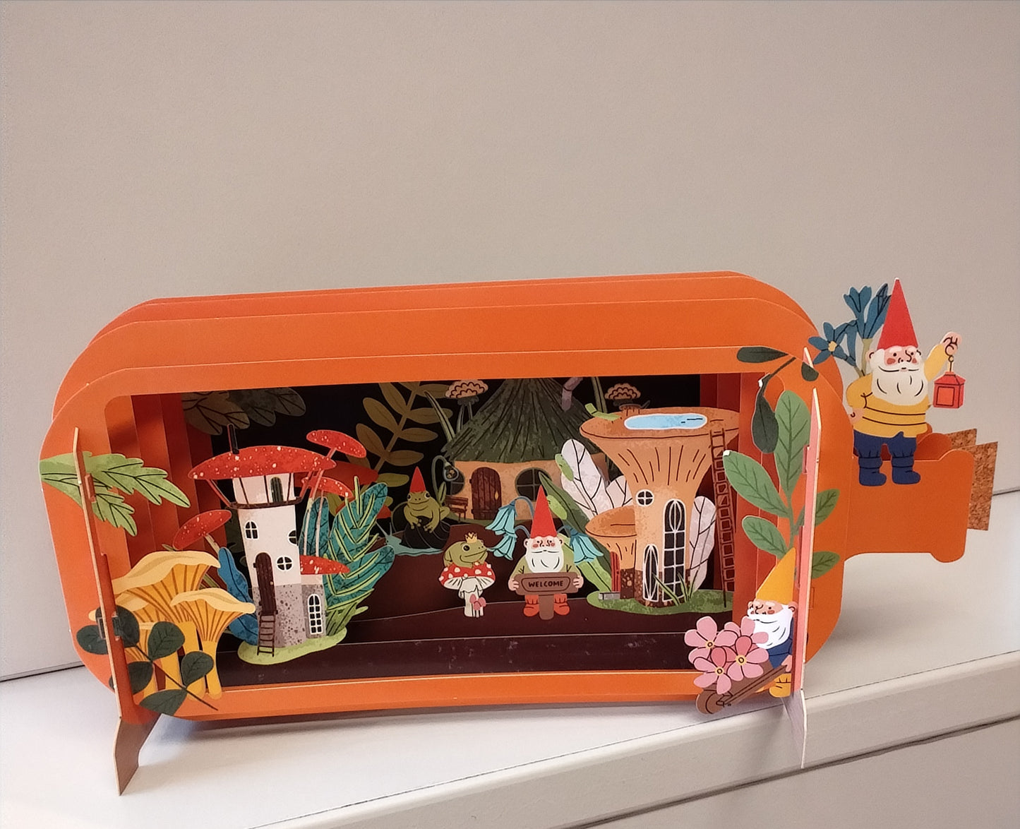 Message in a Bottle 3d Pop up greeting card. Gnomes and Mushrooms