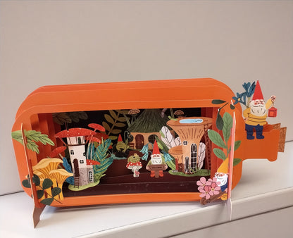 Message in a Bottle 3d Pop up greeting card. Gnomes and Mushrooms