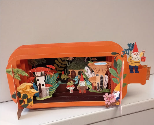 Message in a Bottle 3d Pop up greeting card. Gnomes and Mushrooms