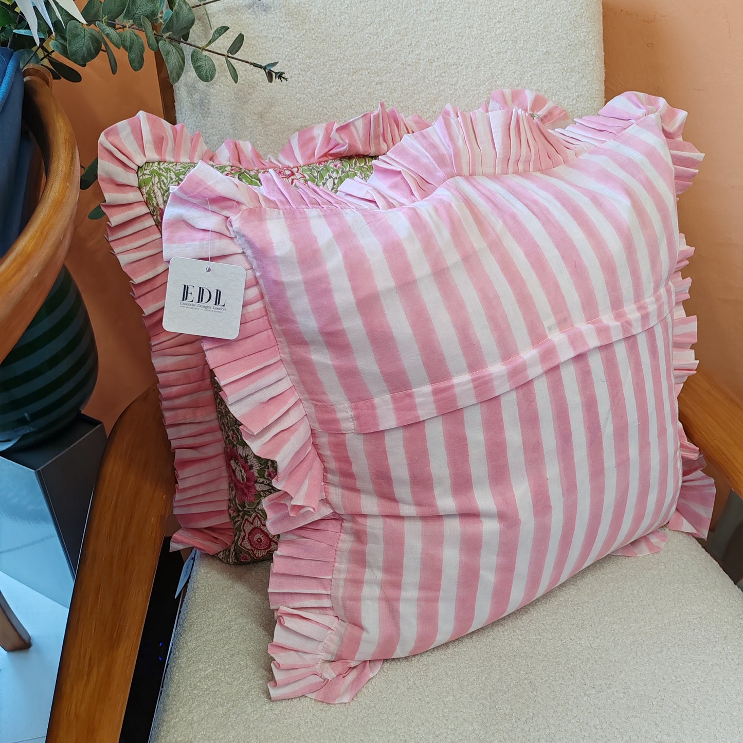 Large Pink / green floral quilted cushion with pink striped frill