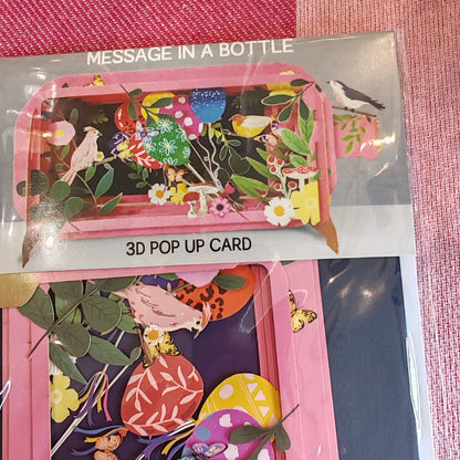 Message in a Bottle 3d Pop up greeting card. Birds and balloons.