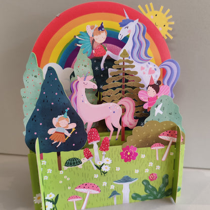 Miniature world 3d POP up greeting card. Unicorn and rainbow theme.