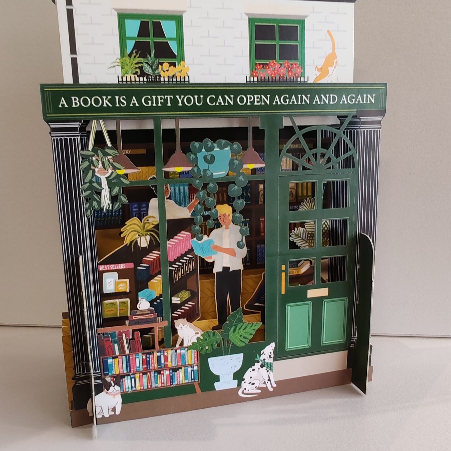 Miniature world Greeting card. 3d Pop up Bookshop