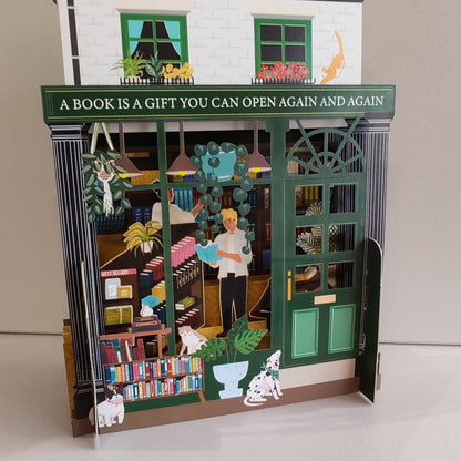 Miniature world Greeting card. 3d Pop up Bookshop