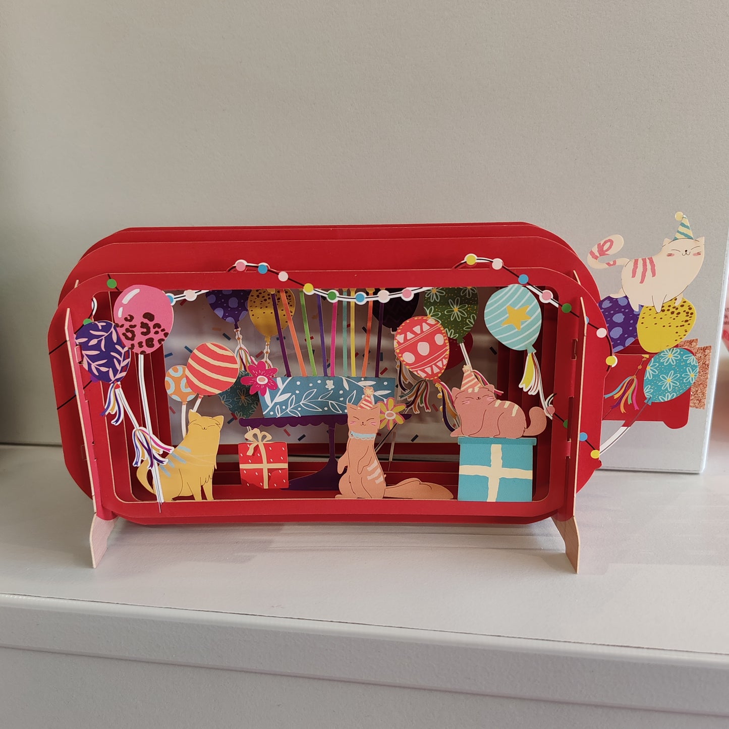 Message in a Bottle 3d pop up greeting card. Cats and balloons party.